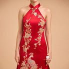 Beth and Brian Qipao - Exclusive Exclusive designer collection，Peacock Embroidery, Halter long Qipao with Train