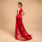 Beth and Brian Qipao - Exclusive Exclusive designer collection，Peacock Embroidery, Halter long Qipao with Train