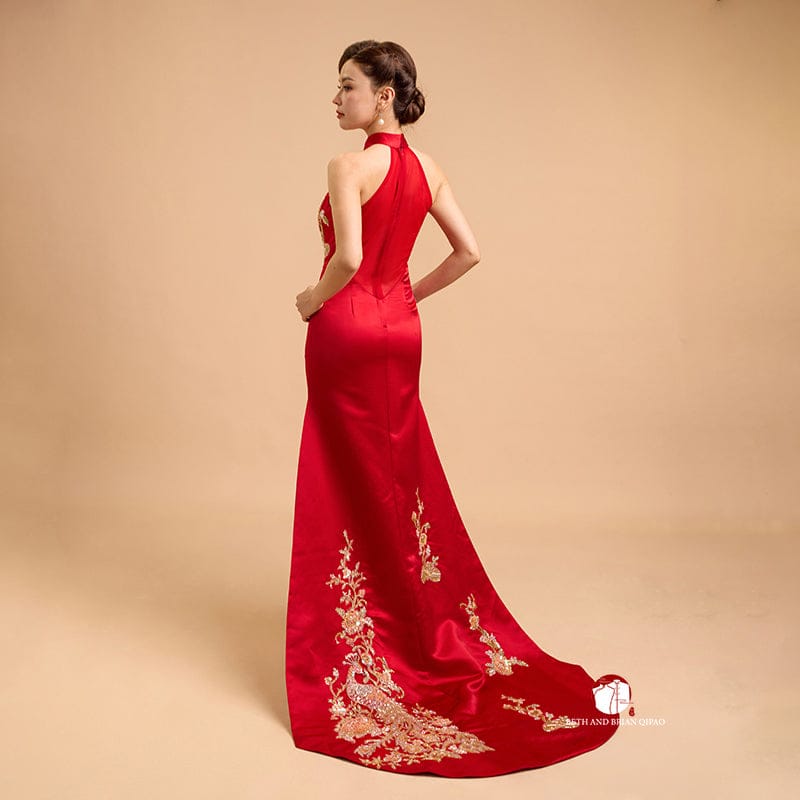 Beth and Brian Qipao - Exclusive Exclusive designer collection，Peacock Embroidery, Halter long Qipao with Train