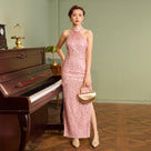 Beth and Brian Qipao-Exclusivedesigner Exclusive designer collection, halter pink sequins long Qipao