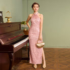 Beth and Brian Qipao-Exclusivedesigner Exclusive designer collection, halter pink sequins long Qipao