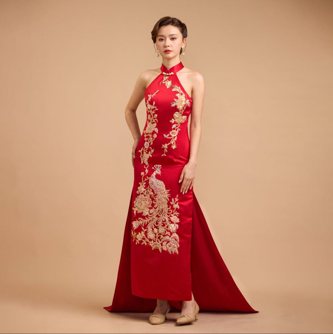 Beth and Brian Qipao - Exclusive Exclusive designer collection，Peacock Embroidery, Halter long Qipao with Train