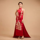 Beth and Brian Qipao - Exclusive Exclusive designer collection，Peacock Embroidery, Halter long Qipao with Train