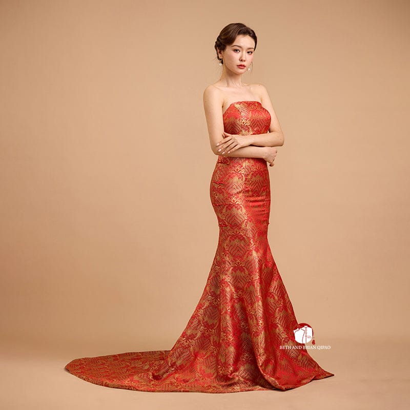 Beth and Brian Qipao-Exclusivedesigner Exclusive designer collection，Fortune Cloud pattern, tube brocade fishtail Qipao