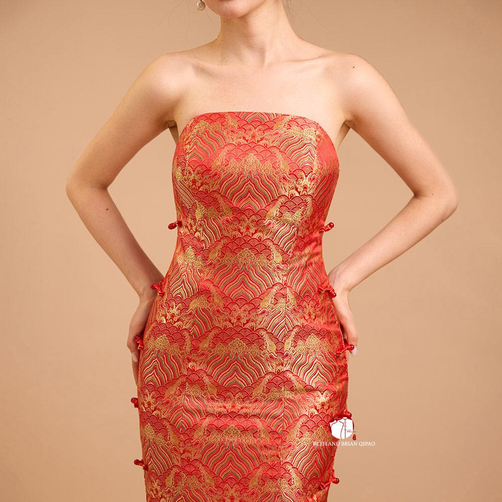 Beth and Brian Qipao-Exclusivedesigner Exclusive designer collection，Fortune Cloud pattern, tube brocade fishtail Qipao
