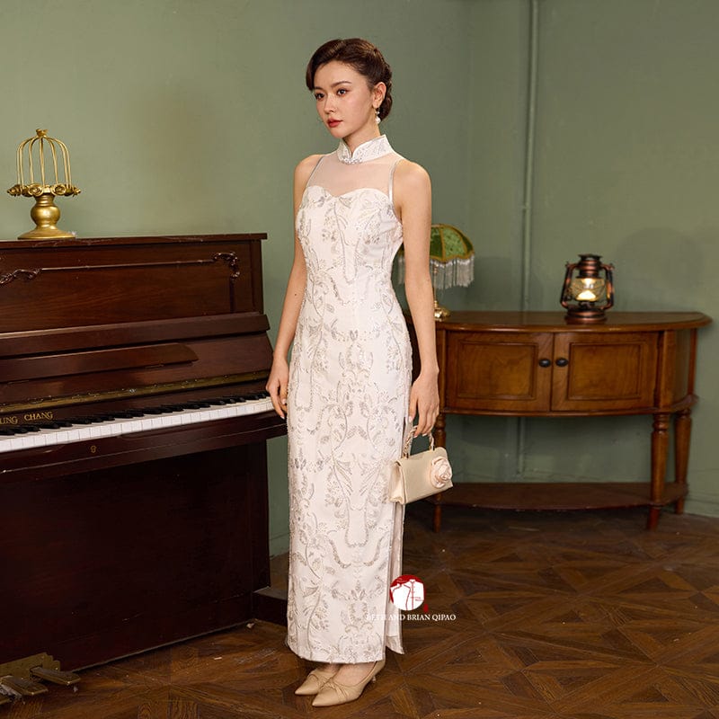 Beth and Brian Qipao-Exclusivedesigner Exclusive designer collection, white sequins long Qipao