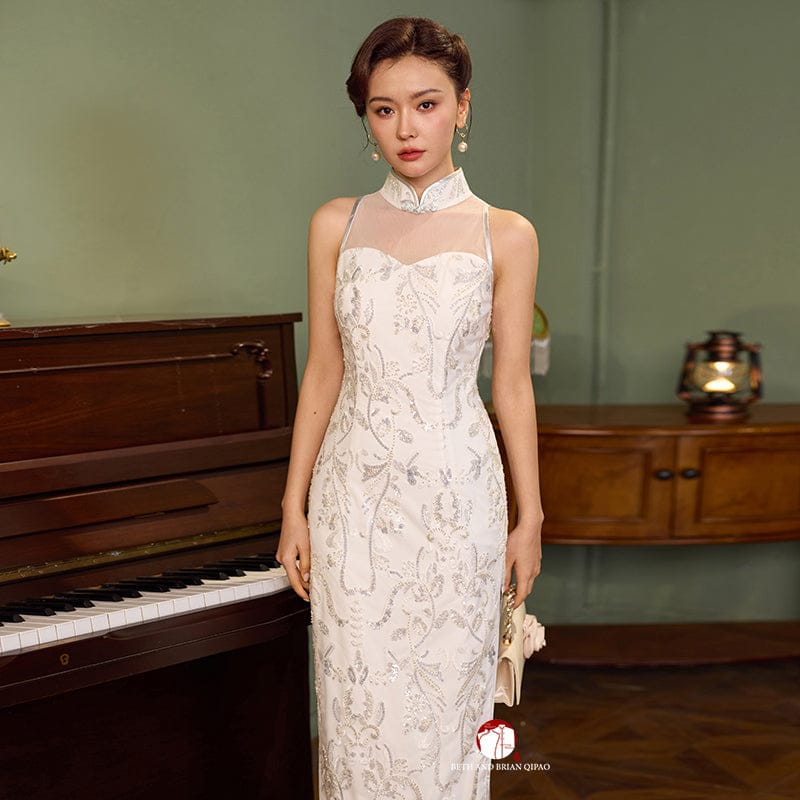 Beth and Brian Qipao-Exclusivedesigner Exclusive designer collection, white sequins long Qipao