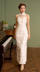 Beth and Brian Qipao-Exclusivedesigner Exclusive designer collection, white sequins long Qipao