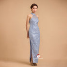 Beth and Brian Qipao-Exclusivedesigner Exclusive designer collection, halter light blue sequins long Qipao
