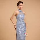 Beth and Brian Qipao-Exclusivedesigner Exclusive designer collection, halter light blue sequins long Qipao