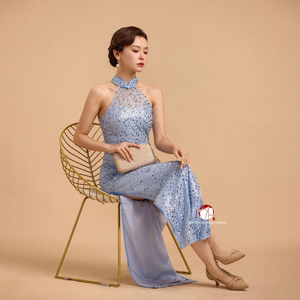 Beth and Brian Qipao-Exclusivedesigner Exclusive designer collection, halter light blue sequins long Qipao