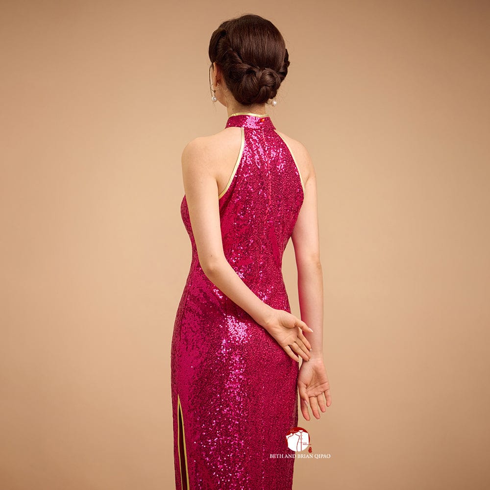 Beth and Brian Qipao-Exclusivedesigner Exclusive designer collection, Floral embroidery, Fuchsia sequins long Qipao