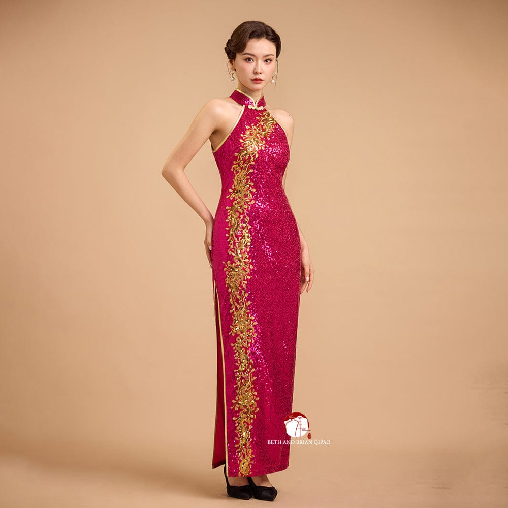 Beth and Brian Qipao-Exclusivedesigner Exclusive designer collection, Floral embroidery, Fuchsia sequins long Qipao