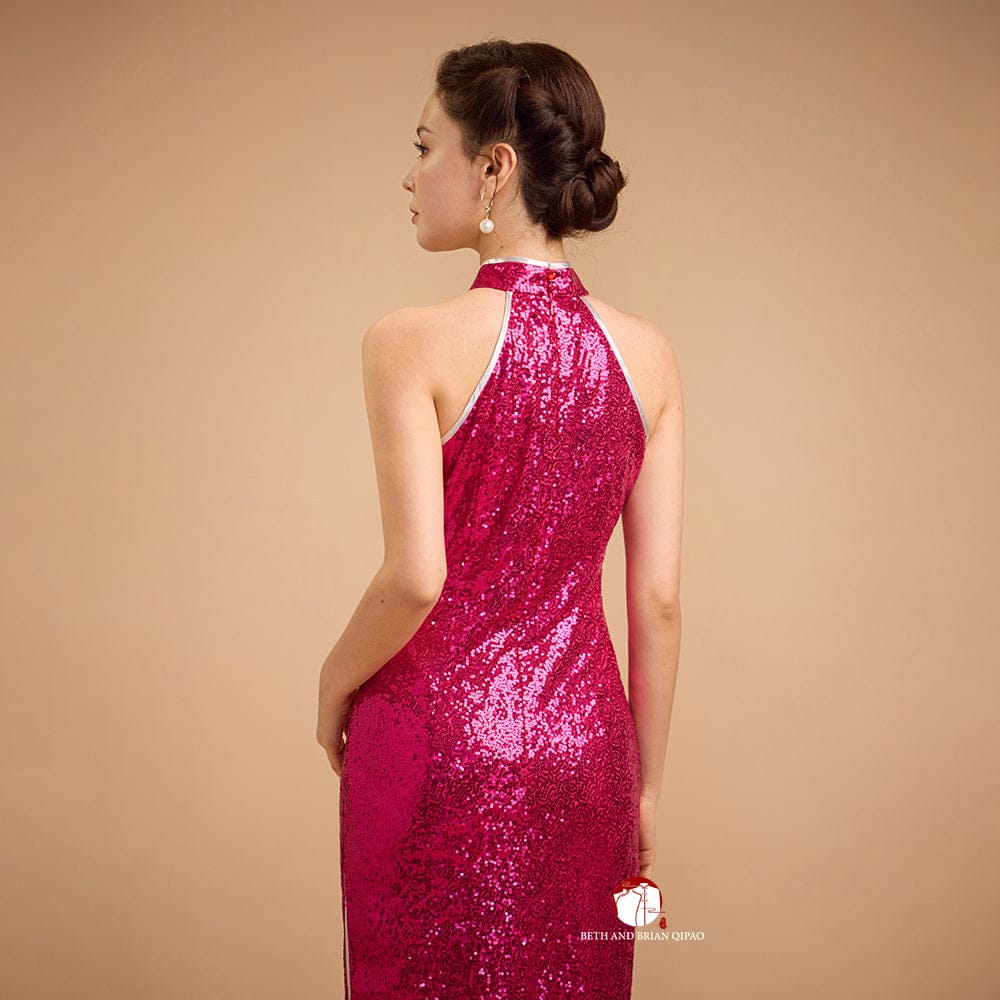 Beth and Brian Qipao-Exclusivedesigner Exclusive designer collection, Fuchsia sequins long Cheongsam