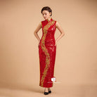 Beth and Brian Qipao-Exclusivedesigner Exclusive designer collection, Floral embroidery, red sequins long Qipao
