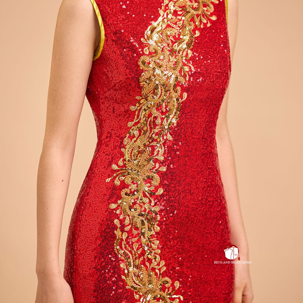 Beth and Brian Qipao-Exclusivedesigner Exclusive designer collection, Floral embroidery, red sequins long Qipao
