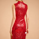 Beth and Brian Qipao-Exclusivedesigner Exclusive designer collection, Floral embroidery, red sequins long Qipao