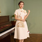 Beth and Brian Qipao - YB Exclusive designer collection,  Peacock embroidery, A-line midi Qipao