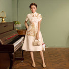 Beth and Brian Qipao - YB Exclusive designer collection,  Peacock embroidery, A-line midi Qipao