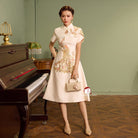 Beth and Brian Qipao - YB Exclusive designer collection,  Peacock embroidery, A-line midi Qipao