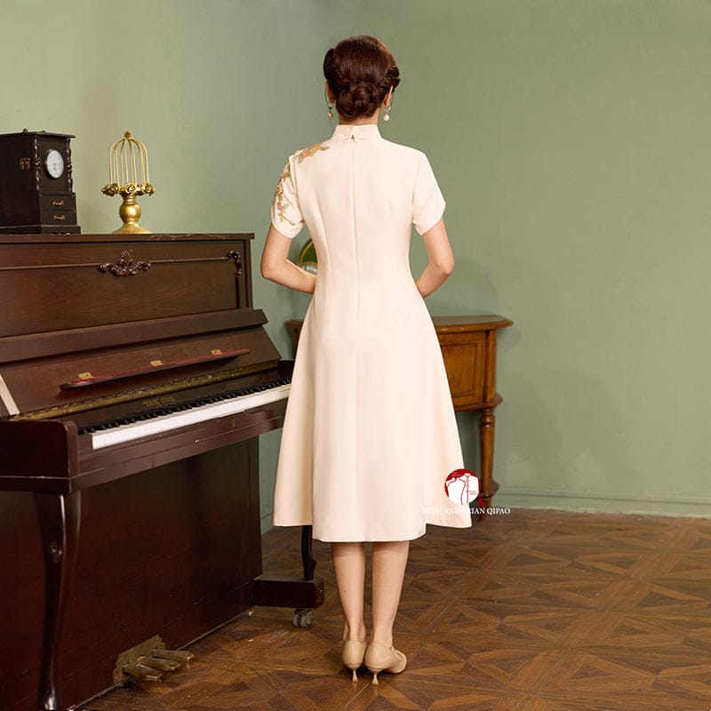 Beth and Brian Qipao - YB Exclusive designer collection,  Peacock embroidery, A-line midi Qipao