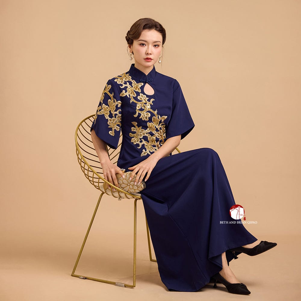 Beth and Brian Qipao-Exclusivedesigner Modern style, butterfly mesh fabric, floor length A-Line Qipao