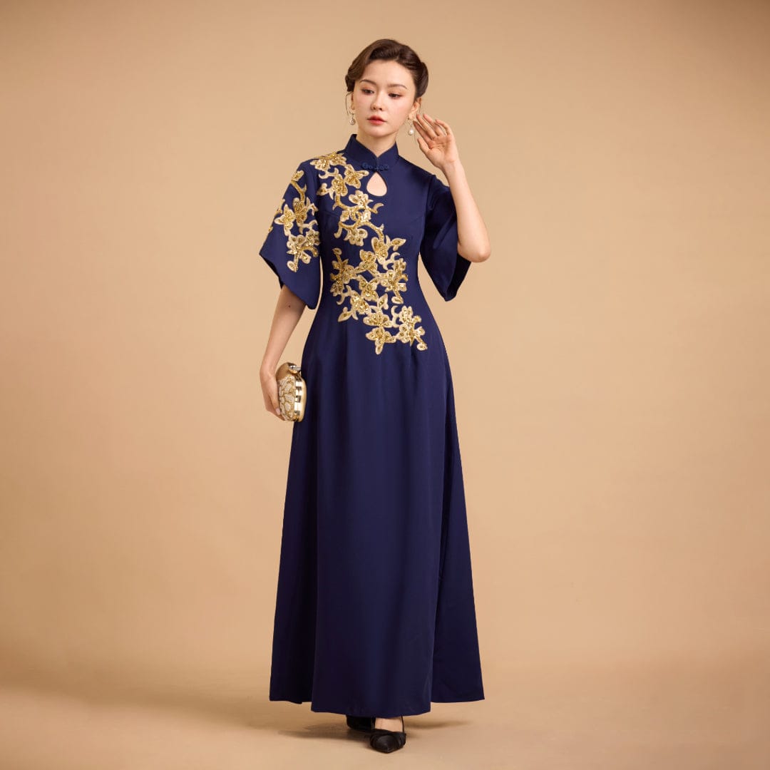 Beth and Brian Qipao-Exclusivedesigner Modern style, butterfly mesh fabric, floor length A-Line Qipao