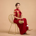 Beth and Brian Qipao-Exclusivedesigner Exclusive designer collection, Floral embroidery, burgandy long Qipao