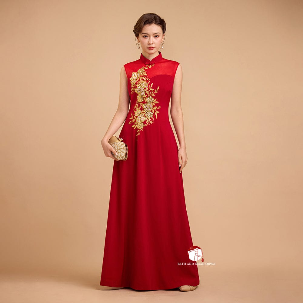Beth and Brian Qipao-Exclusivedesigner Exclusive designer collection, Floral embroidery, sleeveless A-line long Qipao