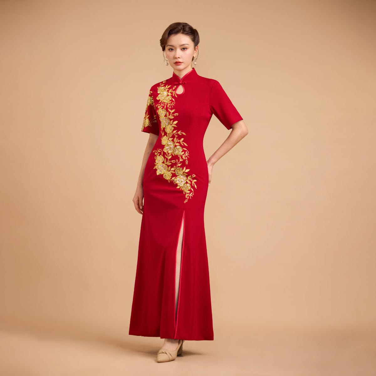 Beth and Brian Qipao-Exclusivedesigner Exclusive designer collection, Floral embroidery, burgandy long Qipao