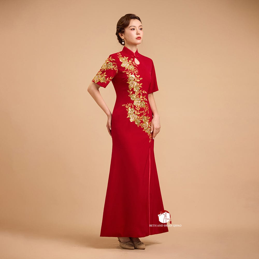 Beth and Brian Qipao-Exclusivedesigner Exclusive designer collection, Floral embroidery, burgandy long Qipao