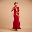 Beth and Brian Qipao-Exclusivedesigner Exclusive designer collection, Floral embroidery, burgandy long Qipao