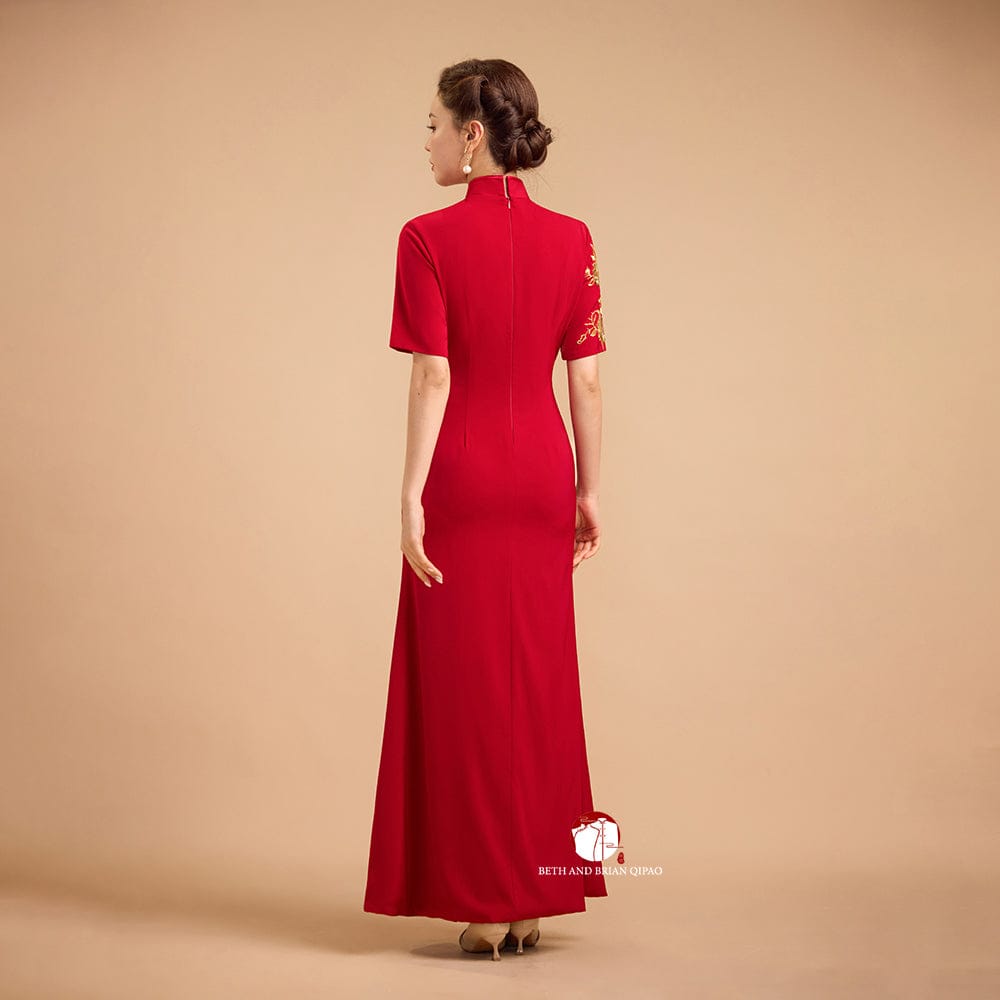 Beth and Brian Qipao-Exclusivedesigner Exclusive designer collection, Floral embroidery, burgandy long Qipao