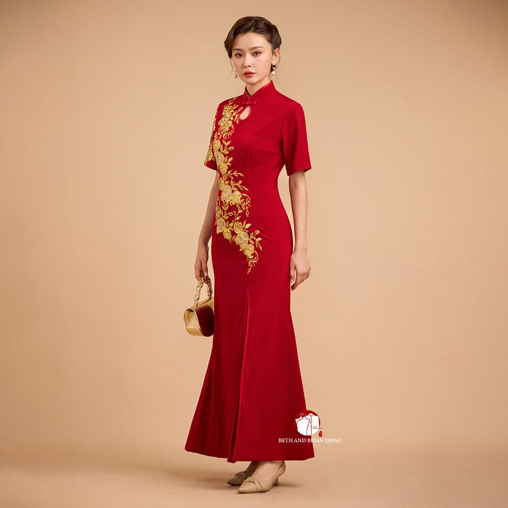 Beth and Brian Qipao-Exclusivedesigner Exclusive designer collection, Floral embroidery, burgandy long Qipao