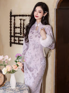 Beth and Brian Qipao-LSB Water drop collar, floral pattern, light purple midi Cheongsam