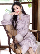 Beth and Brian Qipao-LSB Water drop collar, floral pattern, light purple midi Cheongsam