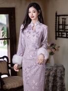 Beth and Brian Qipao-LSB Water drop collar, floral pattern, light purple midi Cheongsam
