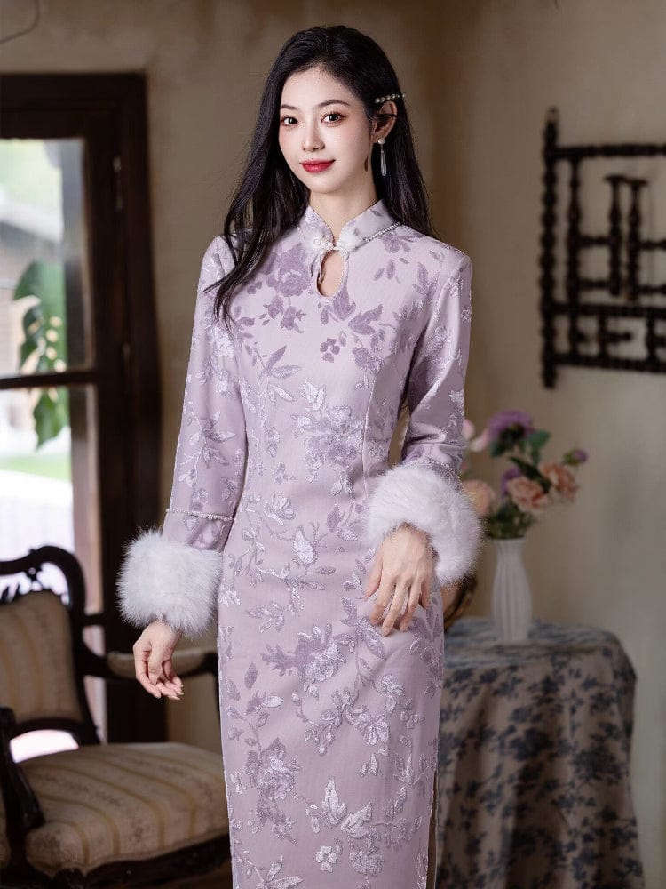Beth and Brian Qipao-LSB Water drop collar, floral pattern, light purple midi Cheongsam