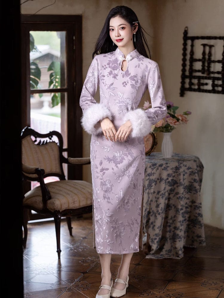 Beth and Brian Qipao-LSB Water drop collar, floral pattern, light purple midi Cheongsam