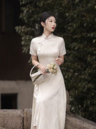 Beth and Brian Qipao-LSB Hualuo jacquard, A line, beige midi Cheongsam