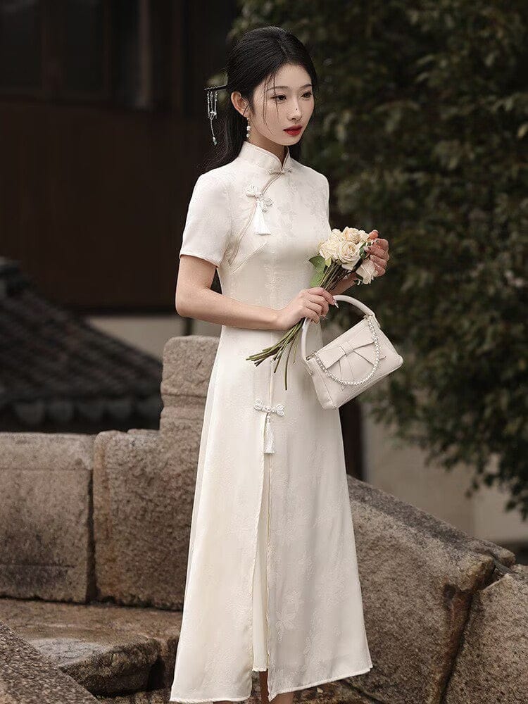 Beth and Brian Qipao-LSB Hualuo jacquard, A line, beige midi Cheongsam