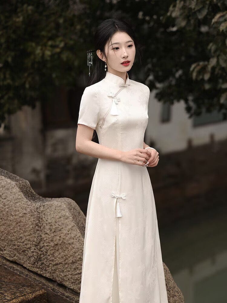 Beth and Brian Qipao-LSB Hualuo jacquard, A line, beige midi Cheongsam