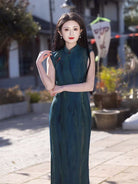 Beth and Brian Qipao-LSB Old Shanghai style, stripe pattern, blue long Cheongsam