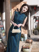Beth and Brian Qipao-LSB Old Shanghai style, stripe pattern, blue long Cheongsam