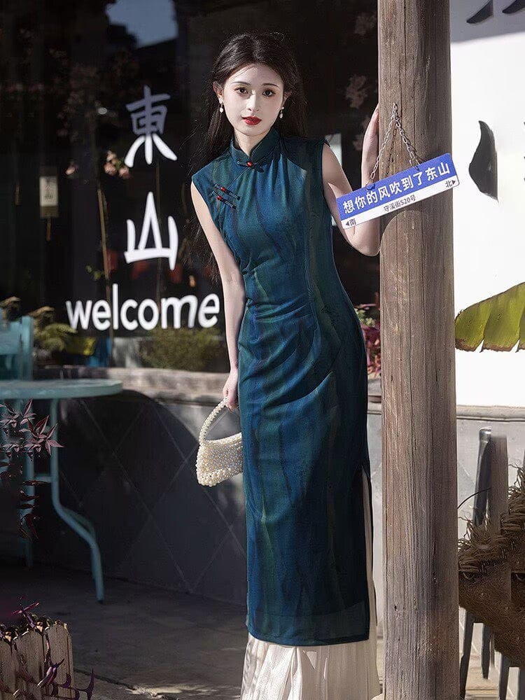 Beth and Brian Qipao-LSB Old Shanghai style, stripe pattern, blue long Cheongsam