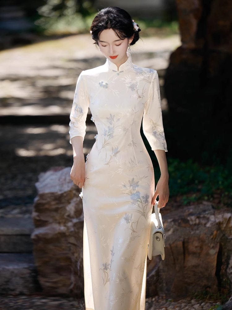 Beth and Brian Qipao-LSB Floral and bamboo leaf pattern, white midi Cheongsam