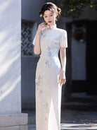Beth and Brian Qipao-LSB Floral and bamboo leaf pattern, white midi Cheongsam