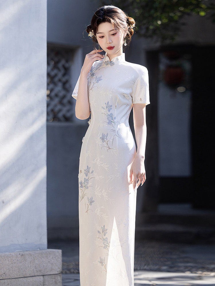Beth and Brian Qipao-LSB Floral and bamboo leaf pattern, white midi Cheongsam