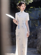 Beth and Brian Qipao-LSB Floral and bamboo leaf pattern, white midi Cheongsam