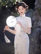 Beth and Brian Qipao-LSB Floral and bamboo leaf pattern, white midi Cheongsam